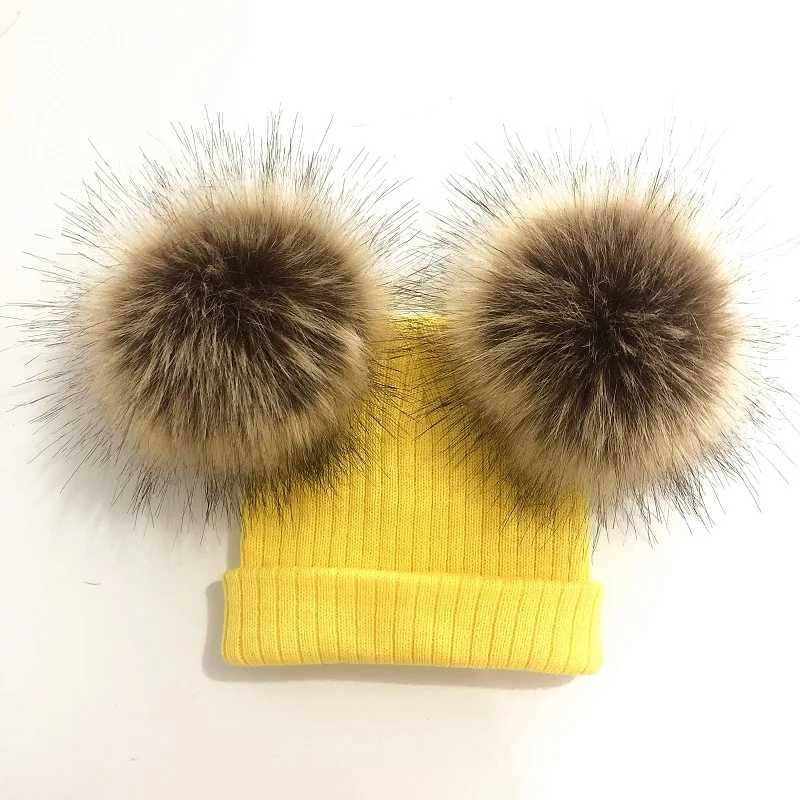 Kids Knit Faux Fur Double Pompom Hat Winter Caps For Baby Girl Toddler Children BeanieXJ241213