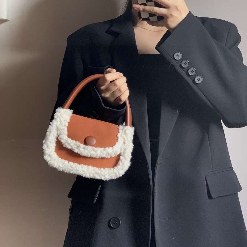 Autumn and Winter Lamb Hair Splice Xiaolongbao Women's New Year Red Handheld Small Square Versatile ins Saddle Bag