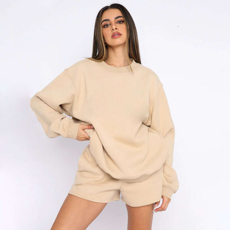 European American Spring And Autumn Solid Color Round Neck Pullover Long Sleeved Hoodie Women's Shorts Set Trendy Clothing Fashion Casual Tempera