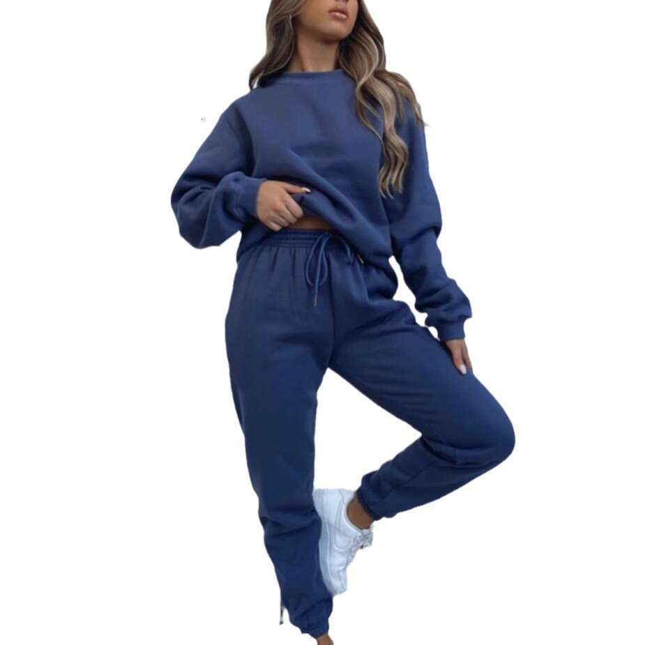 European American Spring And Autumn Pure Color Round Neck Pullover Pants Women's Long Sleeved Hoodie Set Trendy Clothing Fashion Casual Temperame