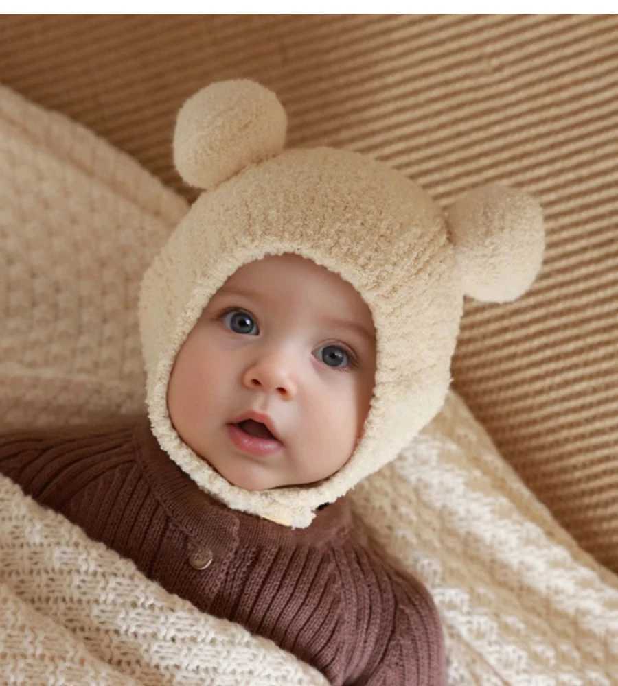 Baby Hat Autumn/Winter Baby Plush Hat Childrens Ear Protection Hat Coral Plush Cute Knitted Boys and Girls Winter SleXJ241213