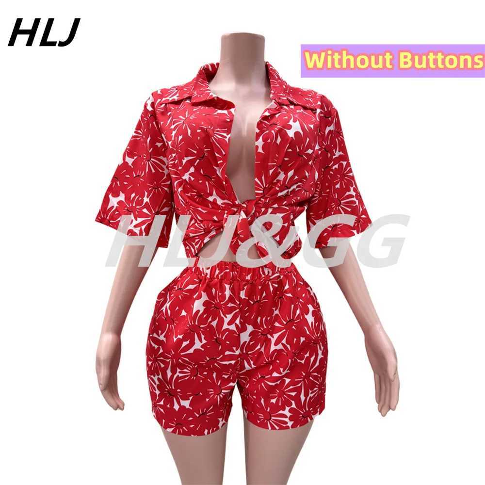 Women's Two Piece Pants HLJ Red Summer New Flowers Print Two Piece Sets Women Dp V Short Slve Bandage Crop Top+Shorts Outfits Female 2pcs Tracksu