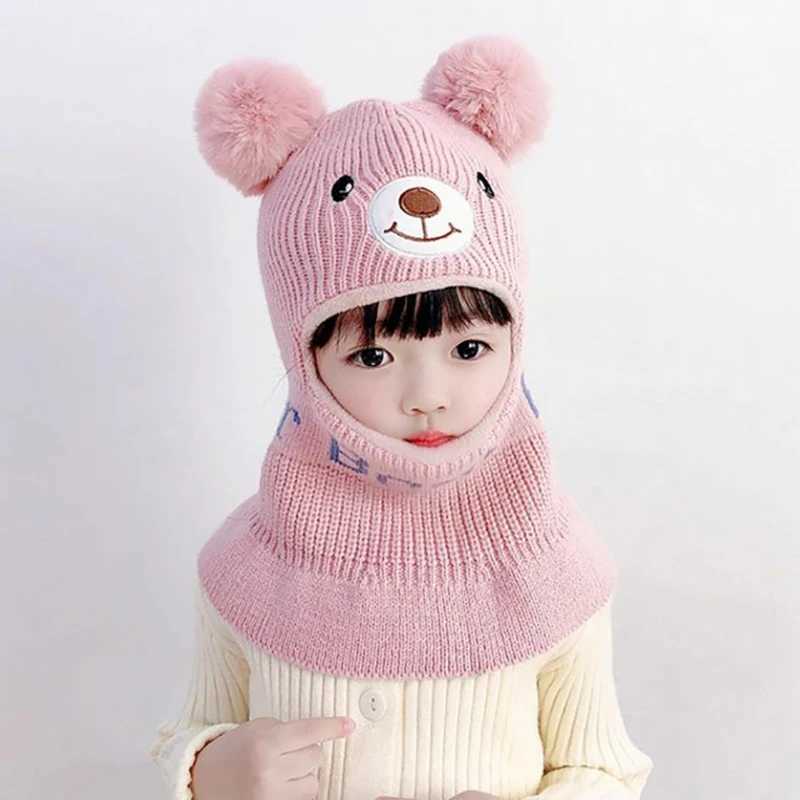 Bear Winter Baby Bonnet Hat Scarf One-Piece Pompom Kids Knitted Hat for Girls Boys Warm Ears Neck Children Cap for Skiing 2-6YXJ241213