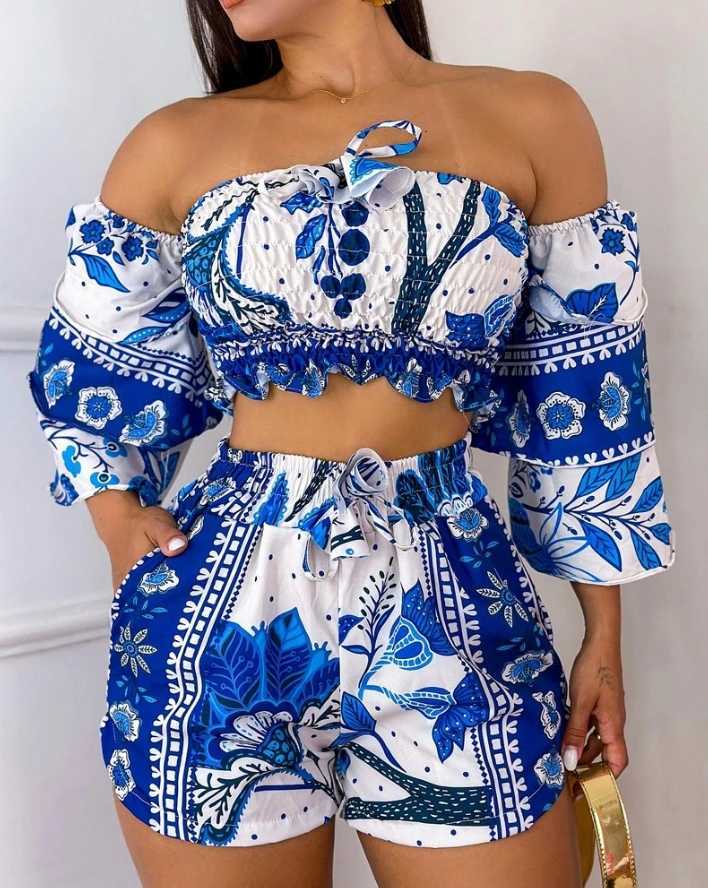 Women's Two Piece Pants Two Piece Set Women Outfit 2024 Summer Floral Print Shirred Off The Shoulder Top Casual Pocket Design Drawstring Shorts S
