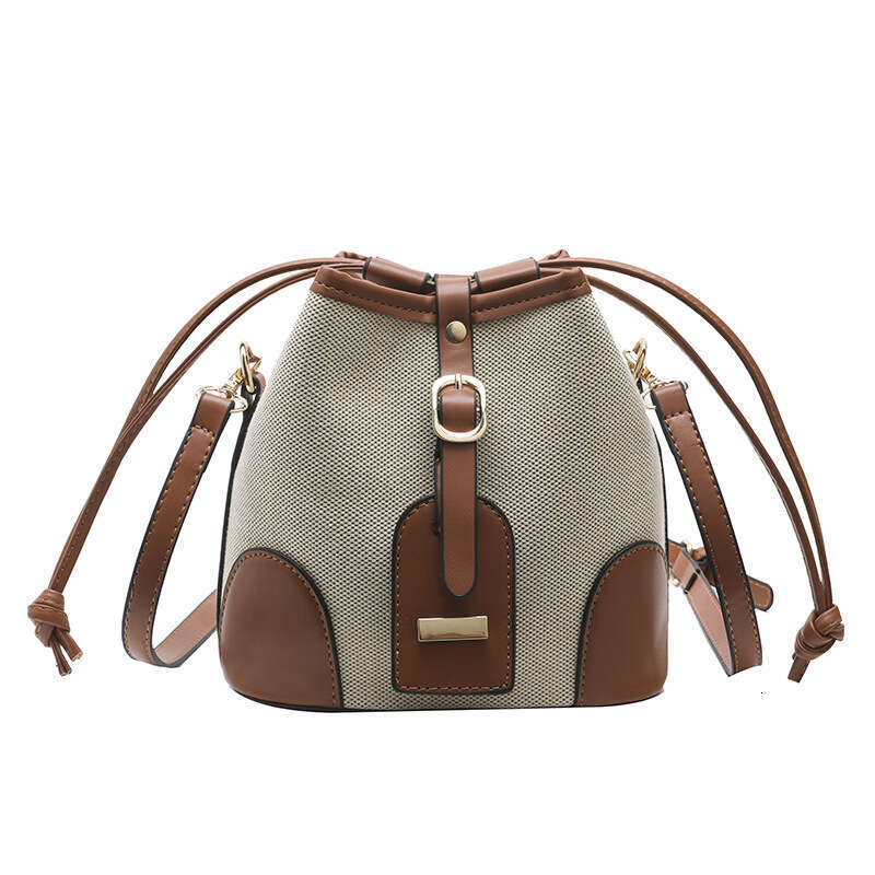 Wholesale Hand-Held Water Bucket Bags, Women's New Style Canvas Contrasting Color Drawstring, High-End Single Shoulder Crossbody Bag, Fashionable
