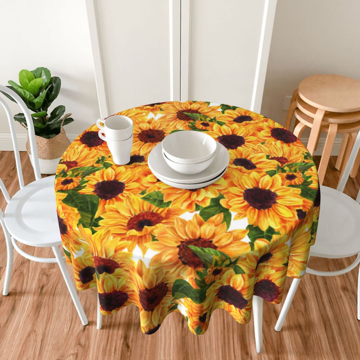 Plant Stamen Sunflower Round Table Cloth Simple Flower Style Table Top Dirt Resistant