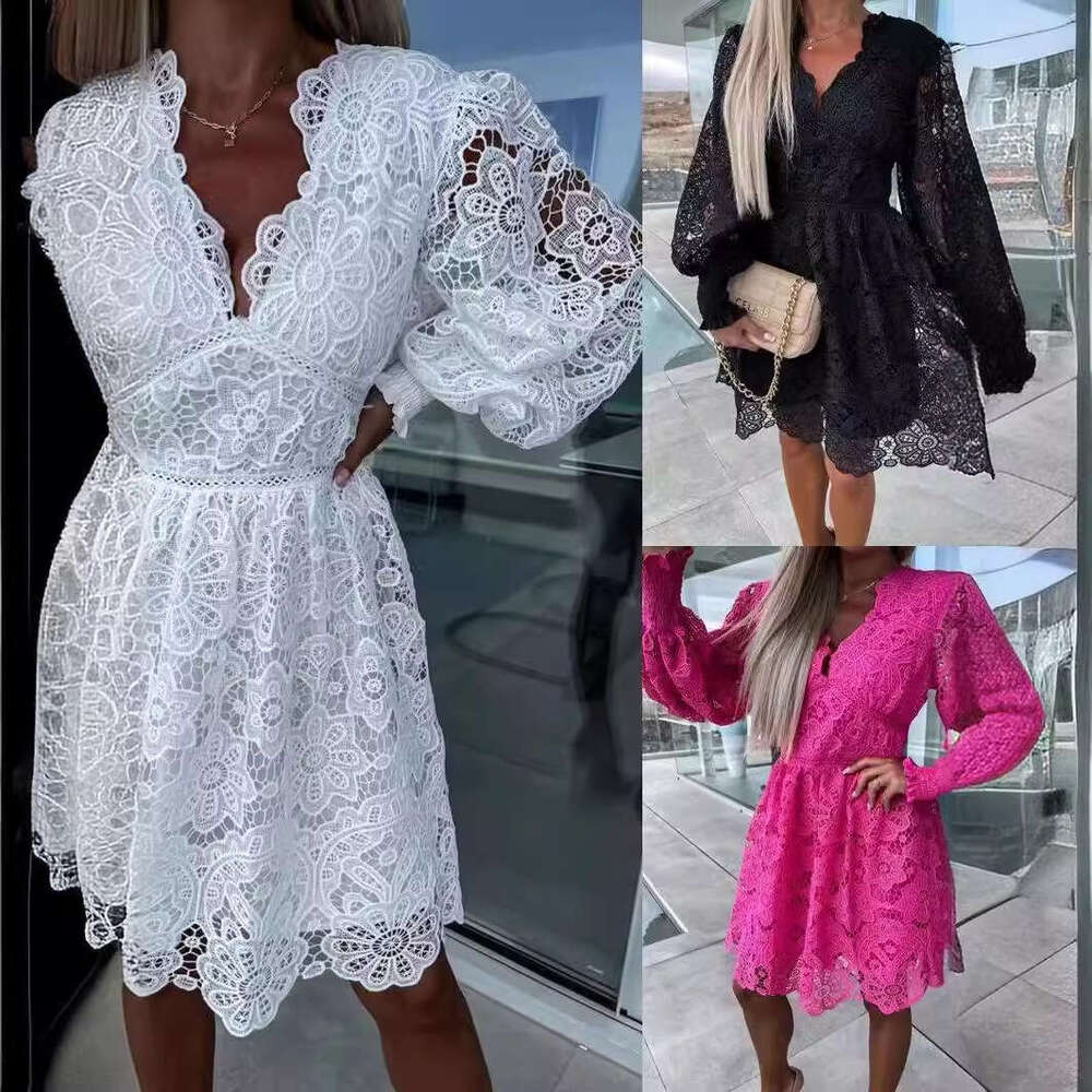 European And American Style Commuting V-Neck Sexy Hollow Lace Dress, Fashionable Quality Classic