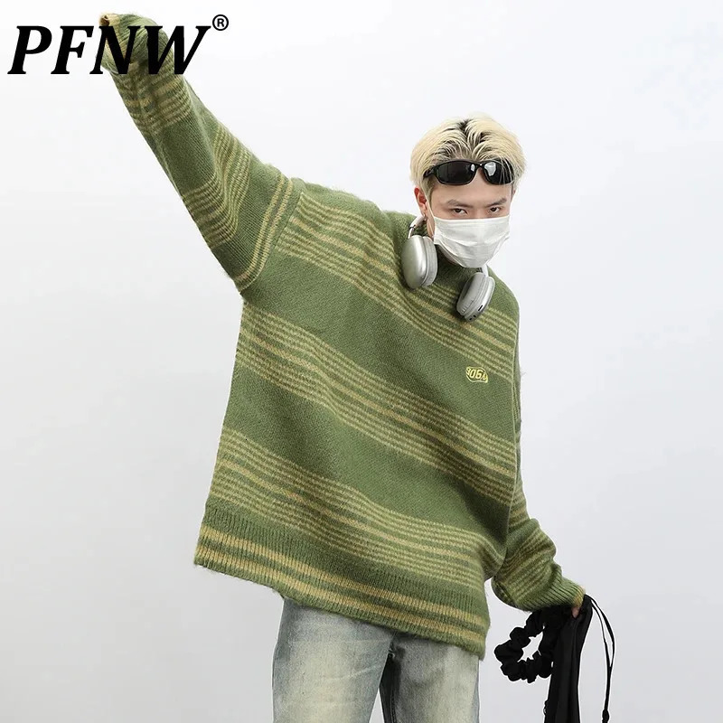 PFNW American Striped Letter n Chic Sweater Mens Vintage Round Neck Loose Autumn Winter Knitted Male Tops 28W4429 241213