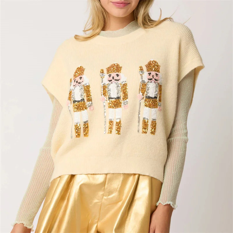 Ugly Christmas Vests for Women Sequin Nutcracker Santa Sweaters Shirt Holiday Sparkly Graphic Crewneck Pullover Top Black 241212