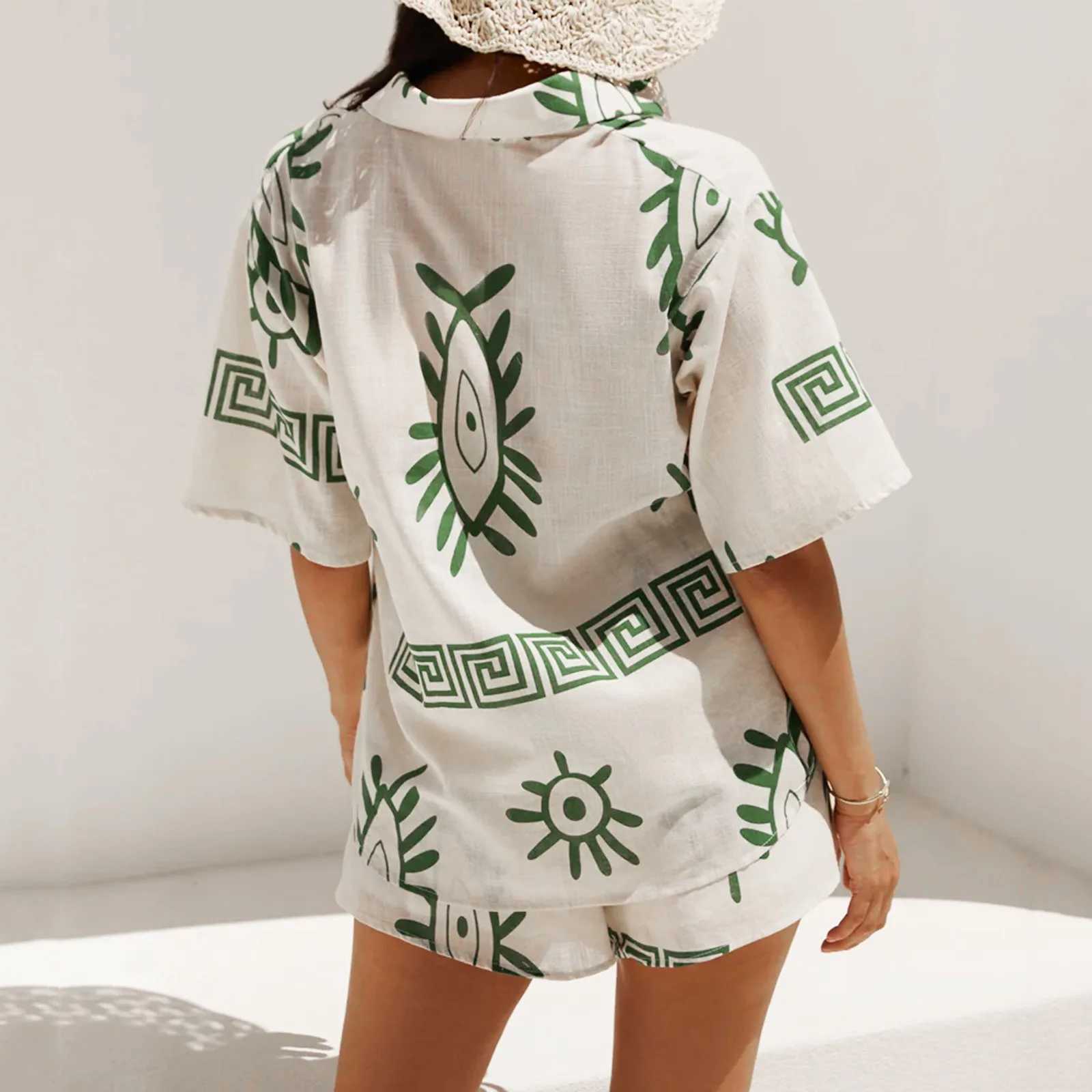 Women's Two Piece Pants Casual Design Sense Pant Sets Printed Versatile Short Slve Lapel Collar Button Up Shirt Tops Shorts Set New In Matching S