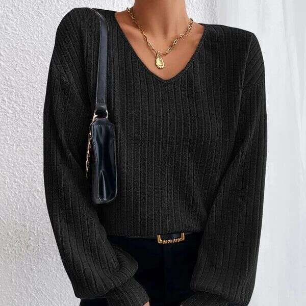 2023 Autumn New Loose Knitted Shirt European and American Style V-neck Falg Shoulder Lantern Sleeve T Women