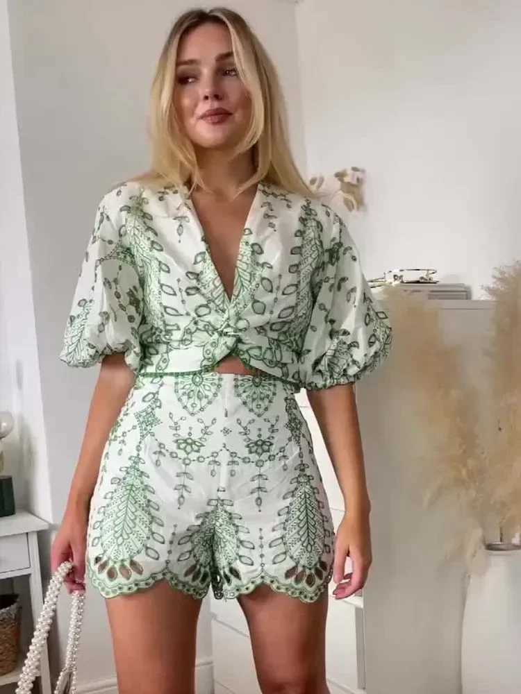 Women's Two Piece Pants Summer New Fashion Embroidered Blouses Ladies Shorts 2 Suit Dress Y2412138AKJ