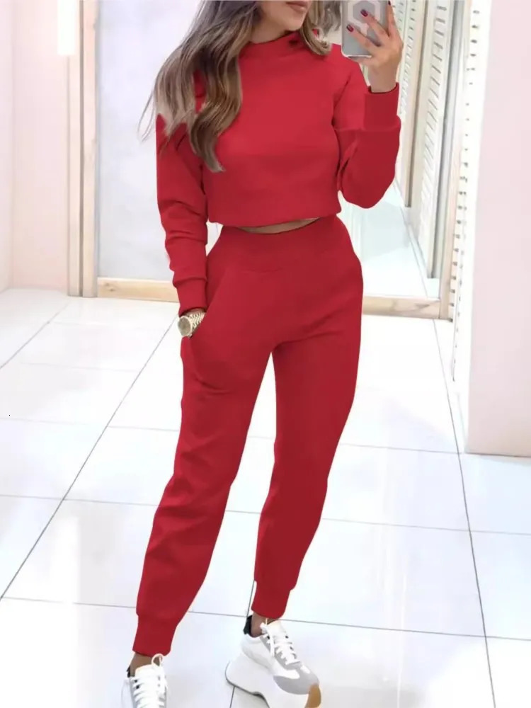 Autumn Winter High Neck Slim Fit Long Sleeve Short Women Solid Color Suit Elegant Fashion Pocket Petite Pants 2 Piece Set Female 241203