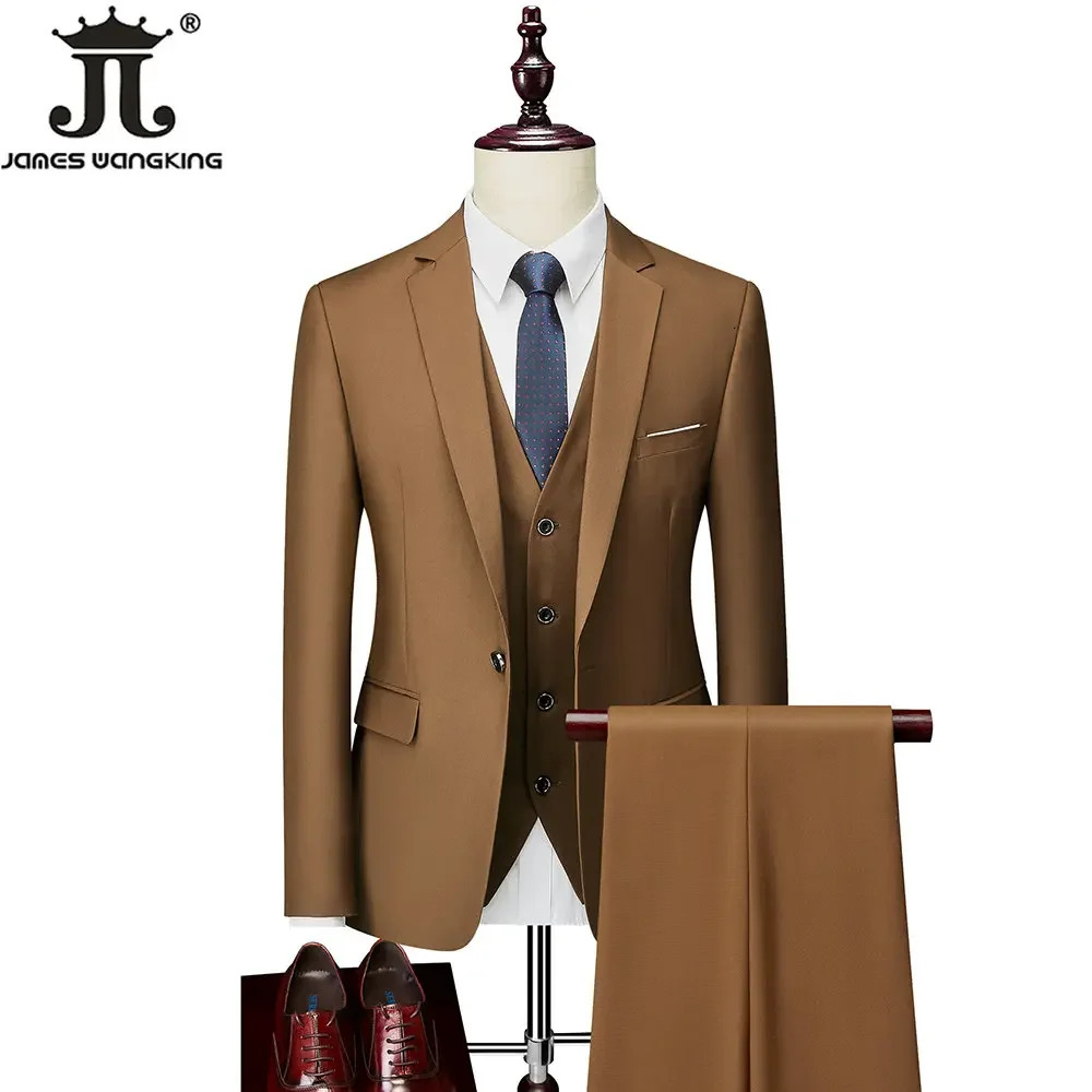 M-6Xl 15 Colors ( Jacket+Vest+Pants ) Formal Business Office Men's Suits Groom Wedding Party Dress Solid Color Suit