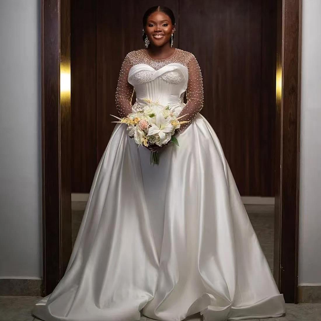 Beautiful Shinny Beads Wedding Dress With Detachable Train Vestidos De Novia Long Sleeves Satin Bridal Gown bc19873