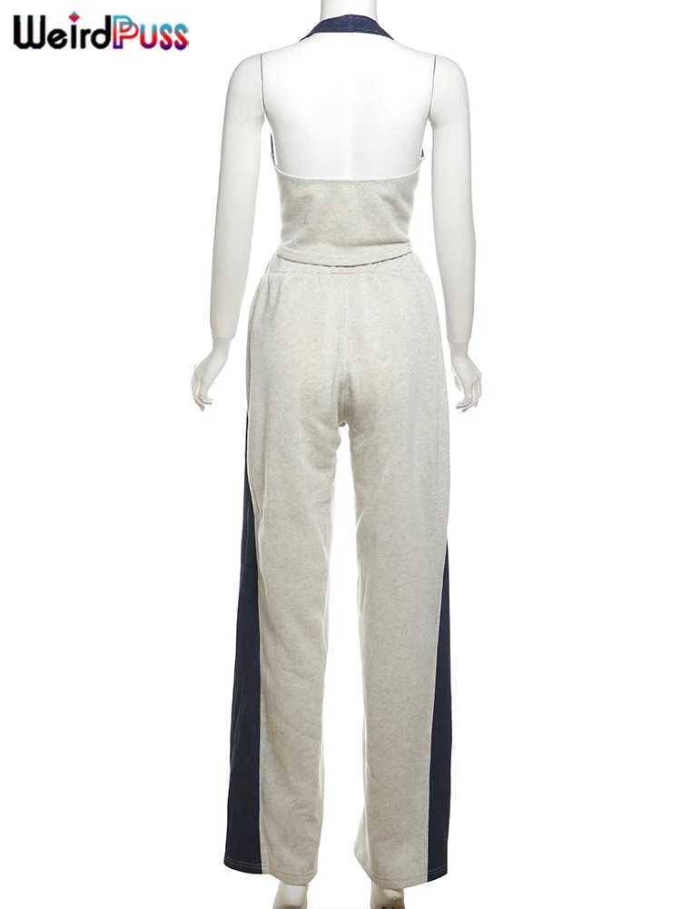 Women's Two Piece Pants Weird Puss Sporty Women 2 Piece Set Tracksuit Zip Halter Single-Breasted Tank Tops+Straight Pants Matching Strtwear Outfi