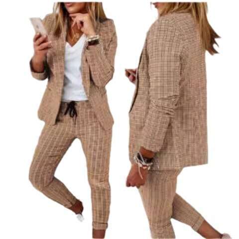 New European And American Women's Plaid Casual Slim Fit Lapel Suit With Elastic Tie Pants Set, Fashionable Quality Classic