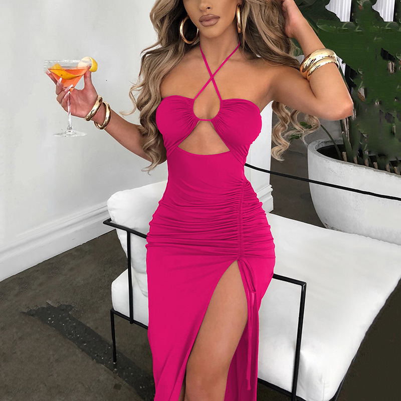 INS Spring New Sexy Spicy Girl High Split Wrinkle Hanging Neck Style Elegant Chest Show Long Dress