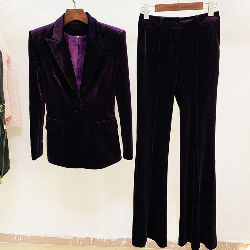 Ladies' Suit HIGH QUALITY Newest Fall Winter Designer Set Women's Single Buttons Veet Blazer Flare Pants Suit