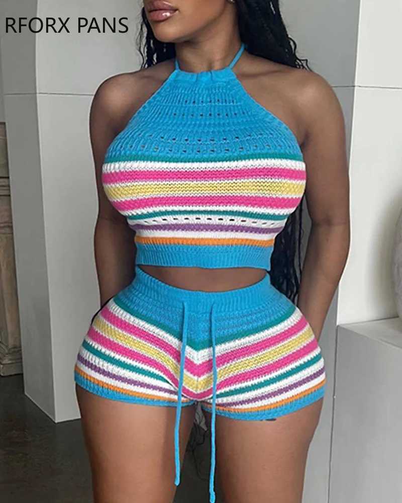 Women's Two Piece Pants 2024 Women Halter Colorful Slveless Elastic Waist Drawstring Bottom Mini Sexy Sweat Knitting Short Sets Y241213L4EP