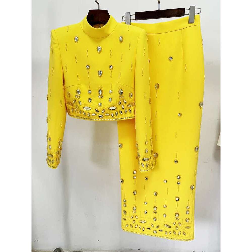 Ladies' Suit HIGH STREET Newest Designer Runway Suit Women's Stand Collar Zip Back Cropped Tops Long Skirt Set 2Pcs