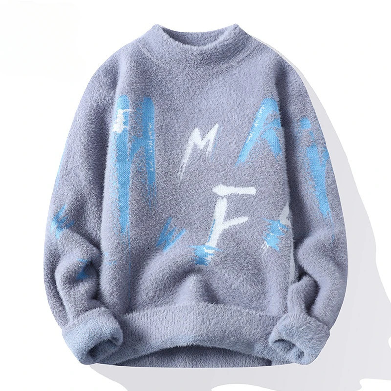 Winter Knitted Sweater Men Letter Fashion Casual Knitwear Warm Mock Neck Pullover Clothing Korean Youth 241213