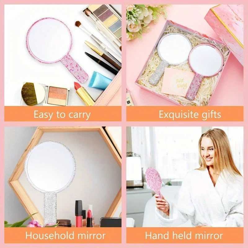 Womens Makeup Compact Mirror Sticking Diamond Hand-held Mirror ABS Fashionable High-end Beauty Cosmetic MirrorXJ241213