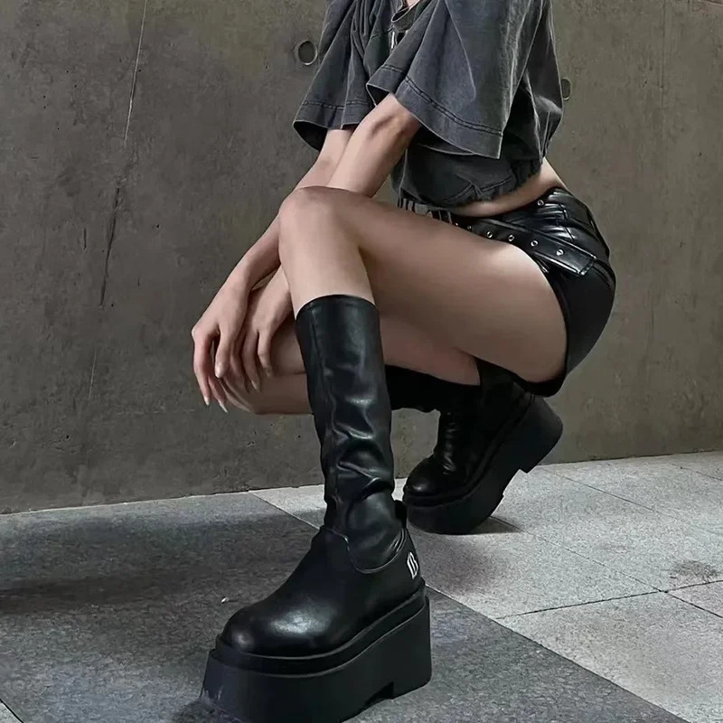 Street Style Autumn Winter Women Knee High Boots Fashion Slip on Platform Heels Concise Long Botas De Mujer 241213