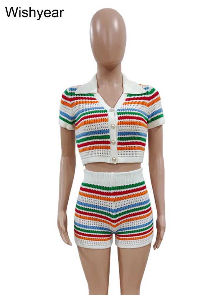 Women's Two Piece Pants year Sexy Beach Rave Club Women Colorful Striped Patchwork Knitted Crop Top and Shorts Crochet Two Piece Set Birthday Out