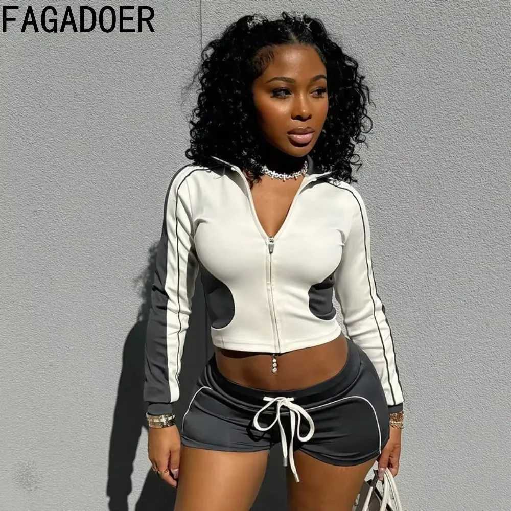 Women's Two Piece Pants FAGADOER Color Block Sport 2 Piece Sets Outfit Women Autumn Tracksuits Zip Jacket + Drawstring Shorts Suits Jogger Strtwe