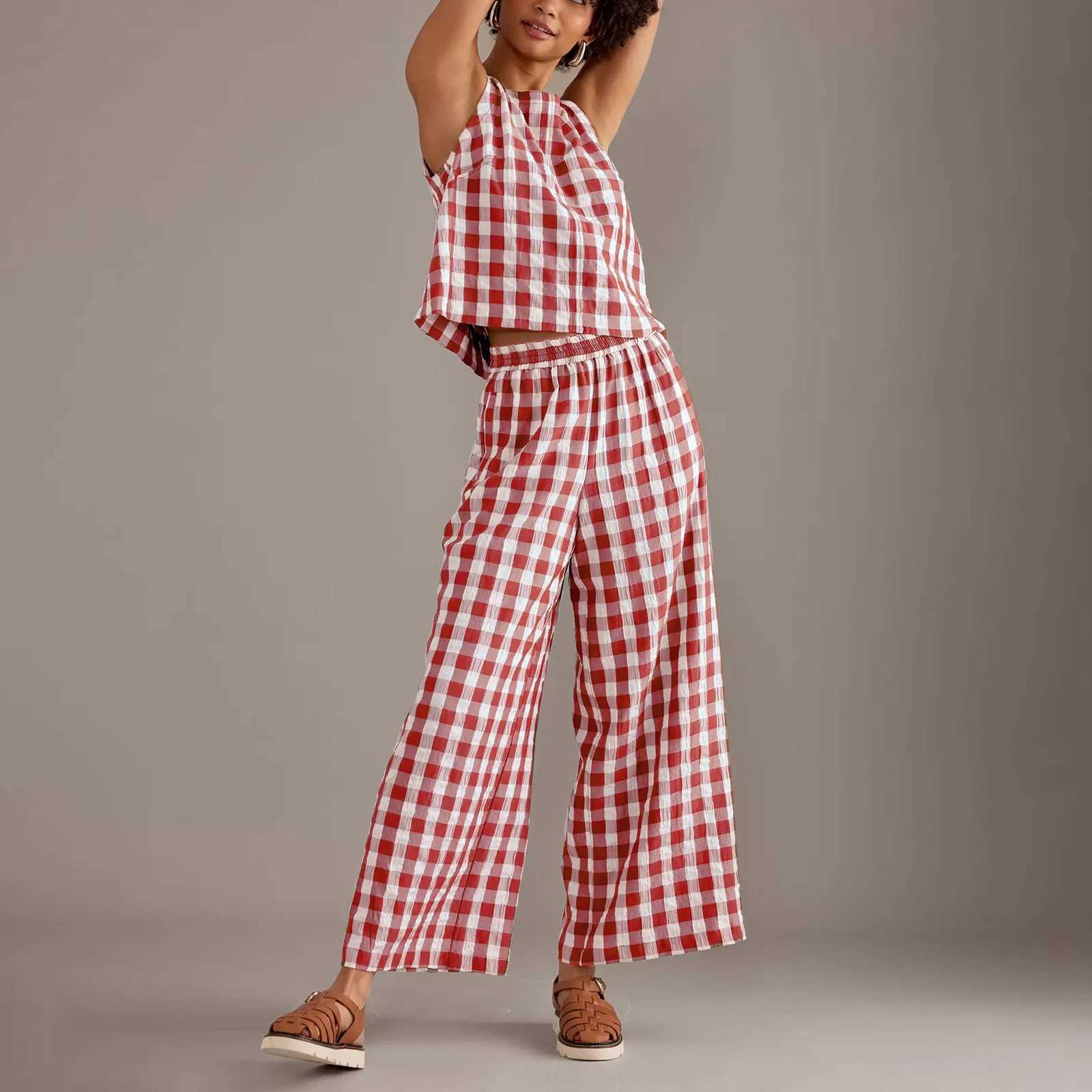 Women's Two Piece Pants Hirigin Gingham 2 Piece Lounge Pants Sets for Women Y2k Plaid Print Outfits Slveless Tank Top Baggy Wide Leg Pants Suits 