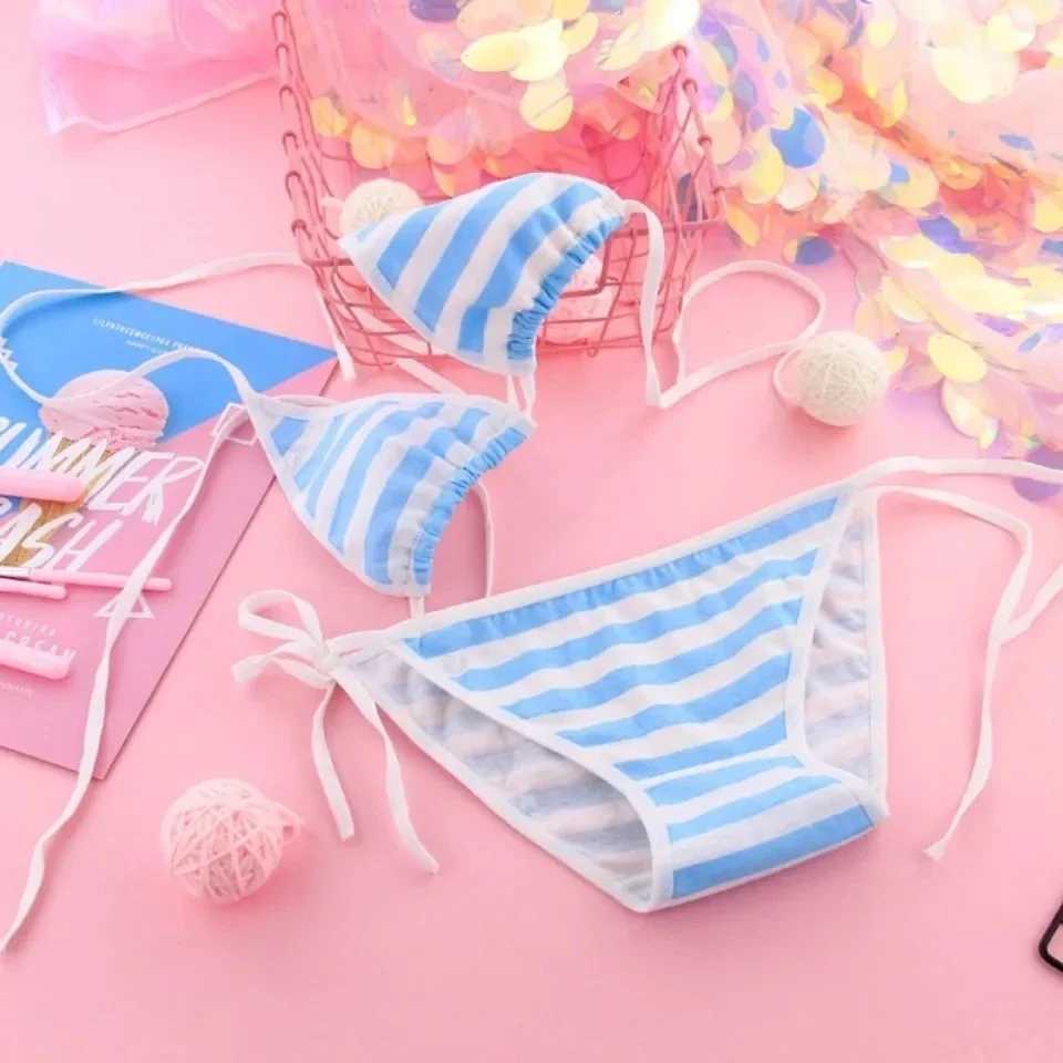 Japan Sexy Lingerie Lolita Kawaii Blue White Striped Mini Bikini Adult Cosplay Women Bra Underwear Set Frenum SwimsuitXJ241212