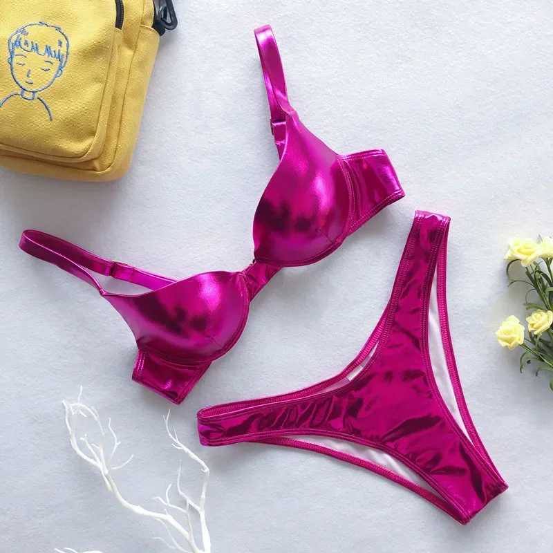 Metallic Summer Push Up Padded Bra Bathing Suit Beach Wear Women Sexy Thong Bikini Set Silver Gold Dropship Biquini SwimwearXJ241212