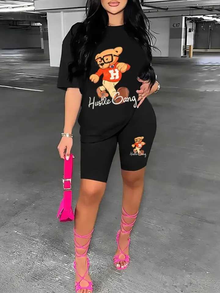 Women's Two Piece Pants LW Plus Size Cartoon Bear Letter Print Two Pieces Suits Shorts Set Short Slve Crewneck T-shirt and Matching Pants 2pcs Ou