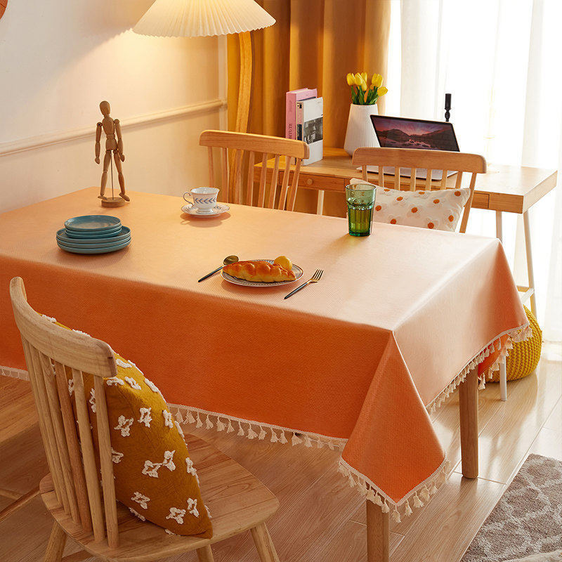 Solid Color Fringed Lace Rectangular Tablecloth Simple Film, Oil-proof and Wear-resistant