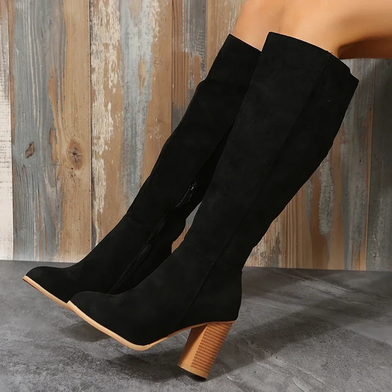 Womens denim boots Western short and chubby shoes leather knees long and elegant er plus size rock pole dance brown 241213