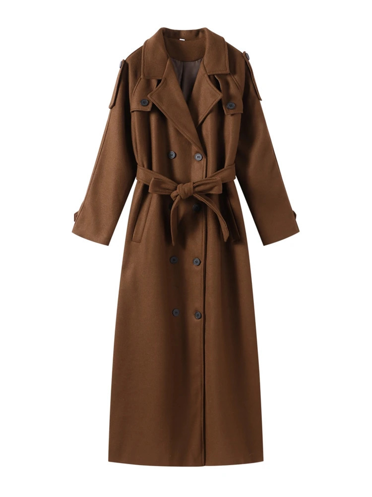 Elegant Woolen Women Long Coat With Belts Solid Double Breasted Turndown Collar Casual Lady Autumn Vintage Outwear 241213