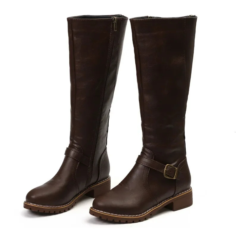 Womens knee high boots fashionable low boots square platform long boots brown black leather zipper winter womens warm shoes and boots 69 meters 241213