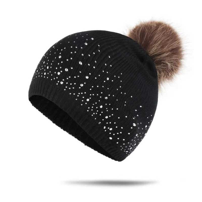 WZCX Fashion Rhinestone Inlay Solid Color Baby Pompom Hat Keep Warm Casual Tide Girls Hats ChildrenS Winter CapXJ241213