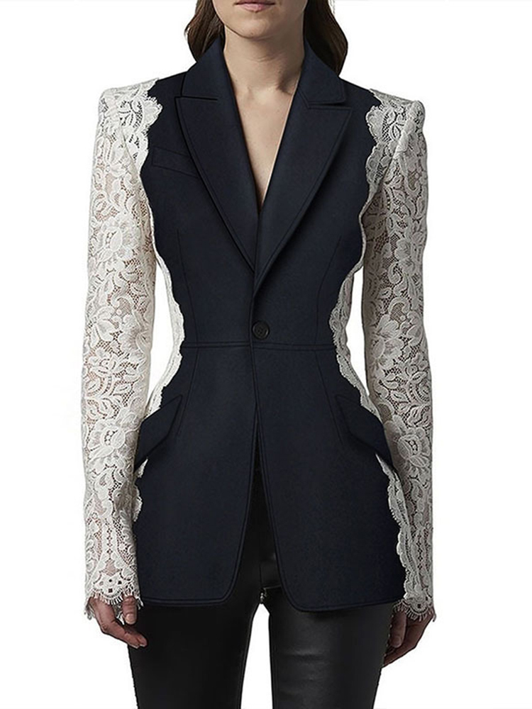 Women's Blazer New Fashion Notched Lace Patchwork Long Sleeve Contrast Suit Jackets Female Spring 2025 17A1298