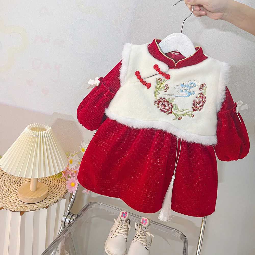 Childrens Winter New Year Thick Set Dress+Tank Top Cotton Childrens Round Neck Dragon Embroidered Tang Costume Girl China W241213