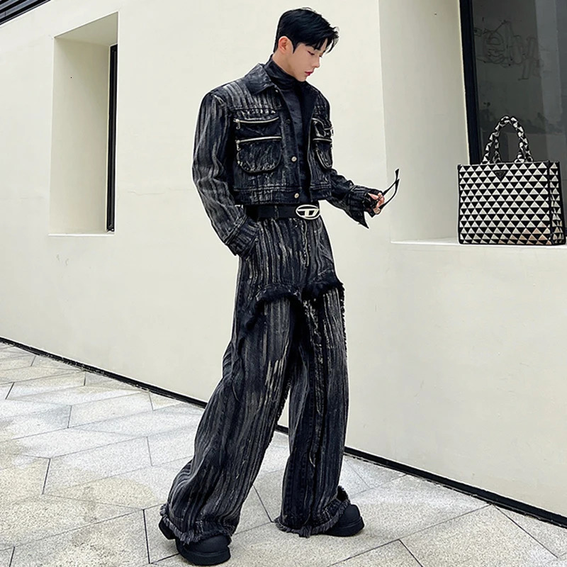 LUZHEN Denim Trendy Set Two Pieces Hand Dyed Painted Men Fashion Big Pockets Short Jacket Straight Wide Leg Jeans Autumn 63d806 241213