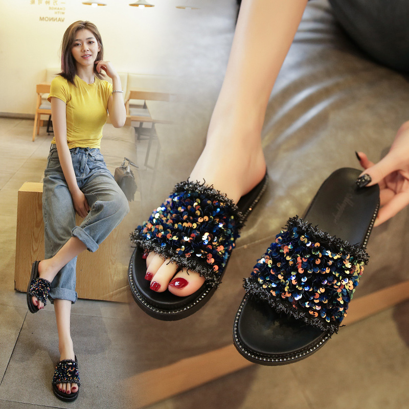 Net slippers summer fashion NEW sequins wear net red thick sole flip-ps non-slip sandals big size women's shoes 33-43