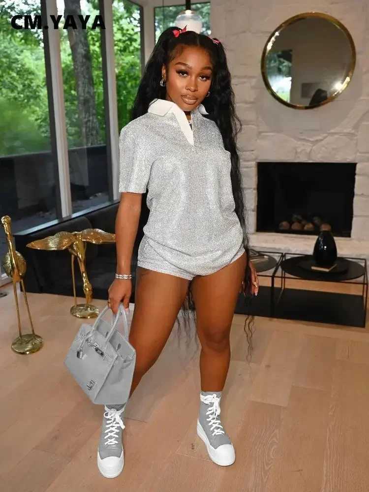 Women's Two Piece Pants CM.YAYA Fashion Giliding Womens Set Short Slve Polo-collar T-shirt and Shorts 2023 Summer Two 2 Piece Set Outfits Tracksu