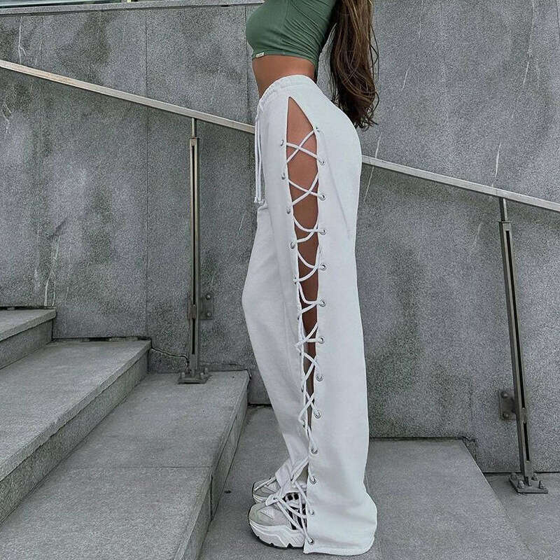 European And American Women's New Street Slim Fit Side Slit Chicken Eye Strap Hollow Out Versatile Wide Leg Pants