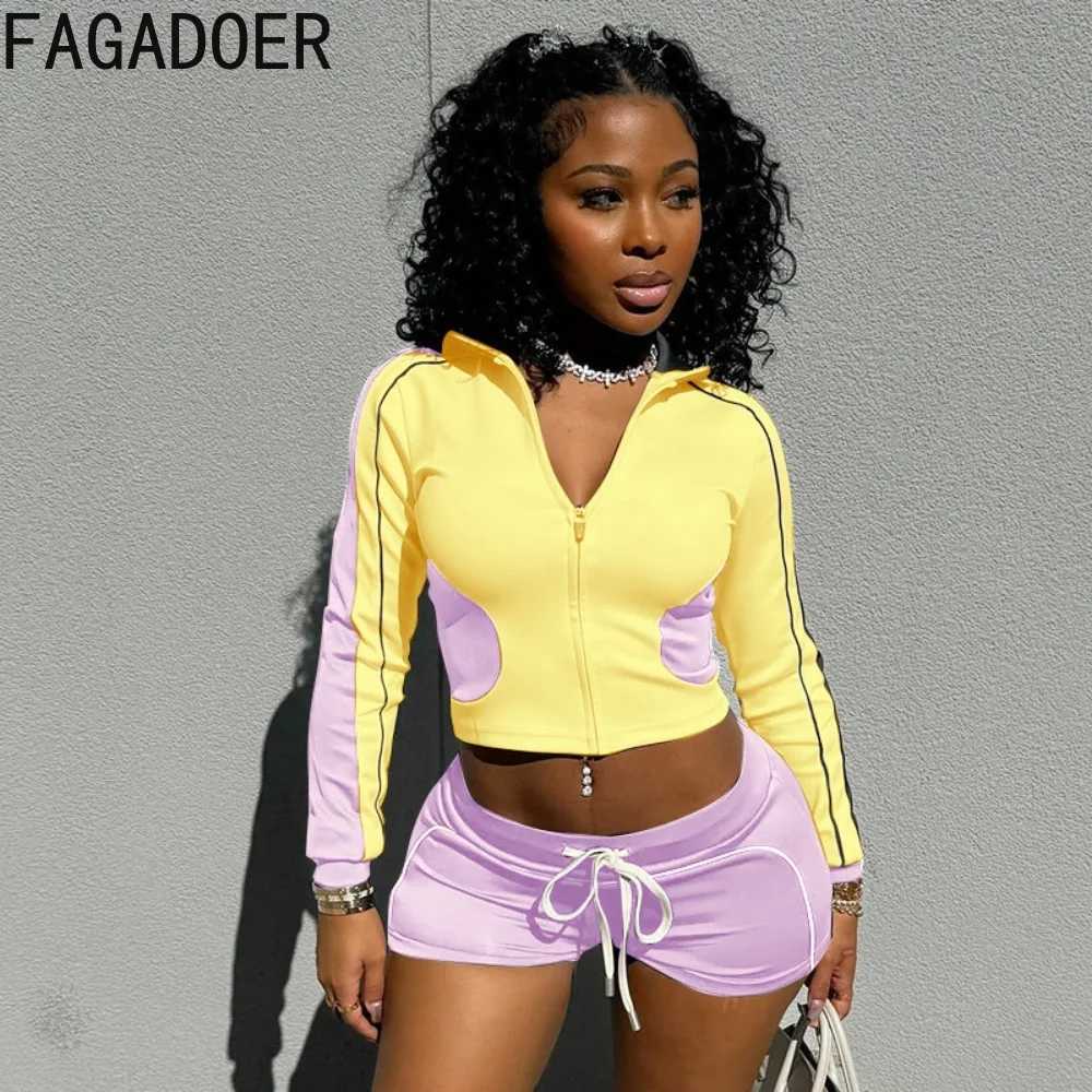 Women's Two Piece Pants FAGADOER Color Block Sport 2 Piece Sets Outfit Women Autumn Tracksuits Zip Jacket + Drawstring Shorts Suits Jogger Strtwe
