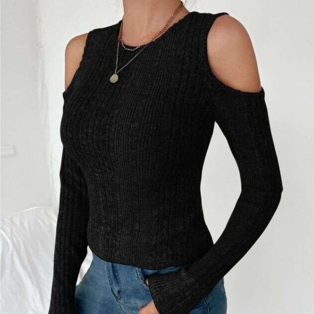 European and American personality 2023 autumn new product round neck off shoulder slim fit long sleeved T-shirt women, casual knitted top for women