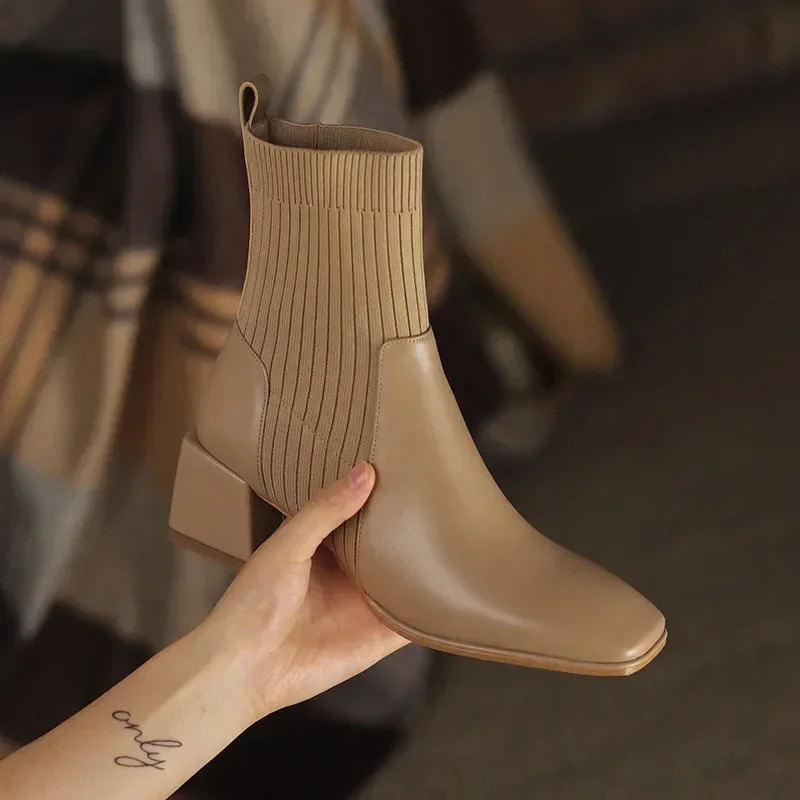2024 Autumn Winter New Ankle Socks Shoes Fashion Large Knitted Short Boots Womens High Heels Botas De Mujer 250308