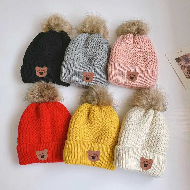 Fall Winter Baby Knit Hat Bear Leather Label Thicken Fleece Cap for Boy Girls Cute Pompom Kids Beanie Infant AccessoriesXJ241213