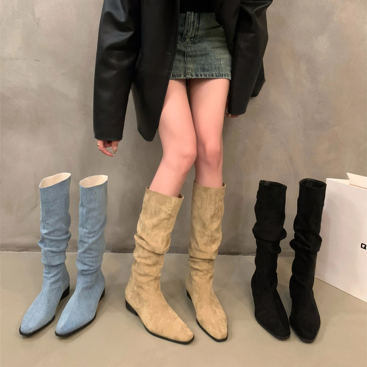 Womens knee high boots autumn and winter womens shoes fashionable womens sliding up folding low toe boots Botas De Mujer D81 241213